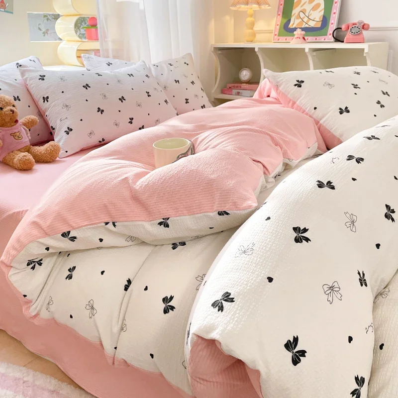 

Ins Black Bowknot Bedding Set Pink Bed Flat Sheet Duvet Cover Twin Full Queen Princess Style Bed Linen Girls Quilt Cover