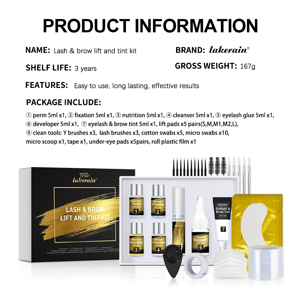 ชุดยกขนตาและคิ้ว Lakerain พร้อมสี ชุดดัดขนตาและคิ้วแบบถาวร ติดทนนาน สำหรับผู้หญิง