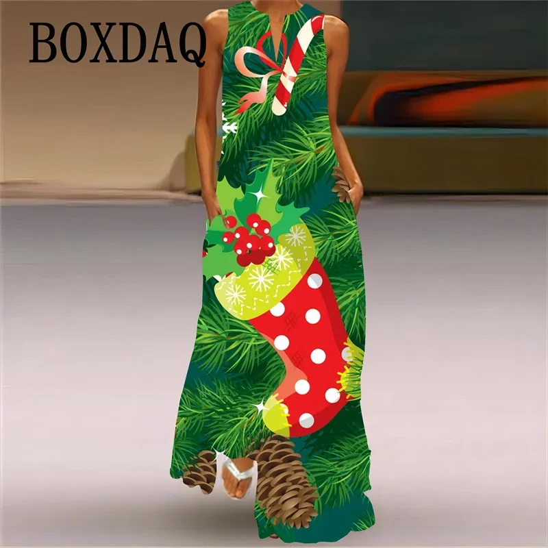 Elegant Women's Christmas Printed Pocket Long Dresses 2024 Fashion Casual Women Sleeveless V-neck Loose Large Size Robe Vestidos