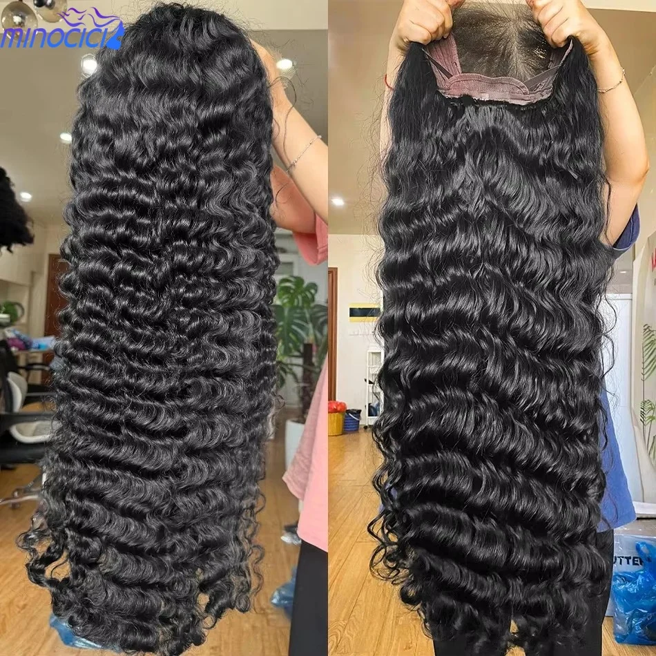Curly 4x4 5x5 Glueless Lace Front Wig With Drawstring Wear&Go 250 Density Natural Black Deep Wave Pre Cut Brazilian HD Lace Wigs Water Wave Human Hair Wigs