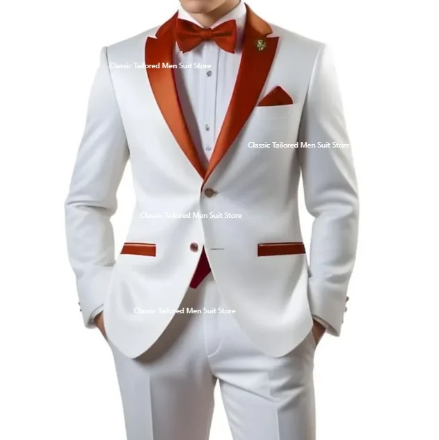 Customized White Men Suits Single Breasted Red Notch Lapel Slim Fit Male Clothing High Quality Wedding 2 Piece Jacket Pants