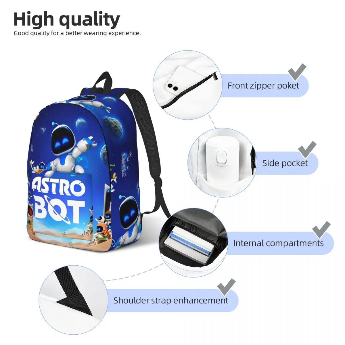 Astrobots jogo mochila para homens mulheres moda ensino médio caminhadas viagem daypack portátil bolsa de ombro presente