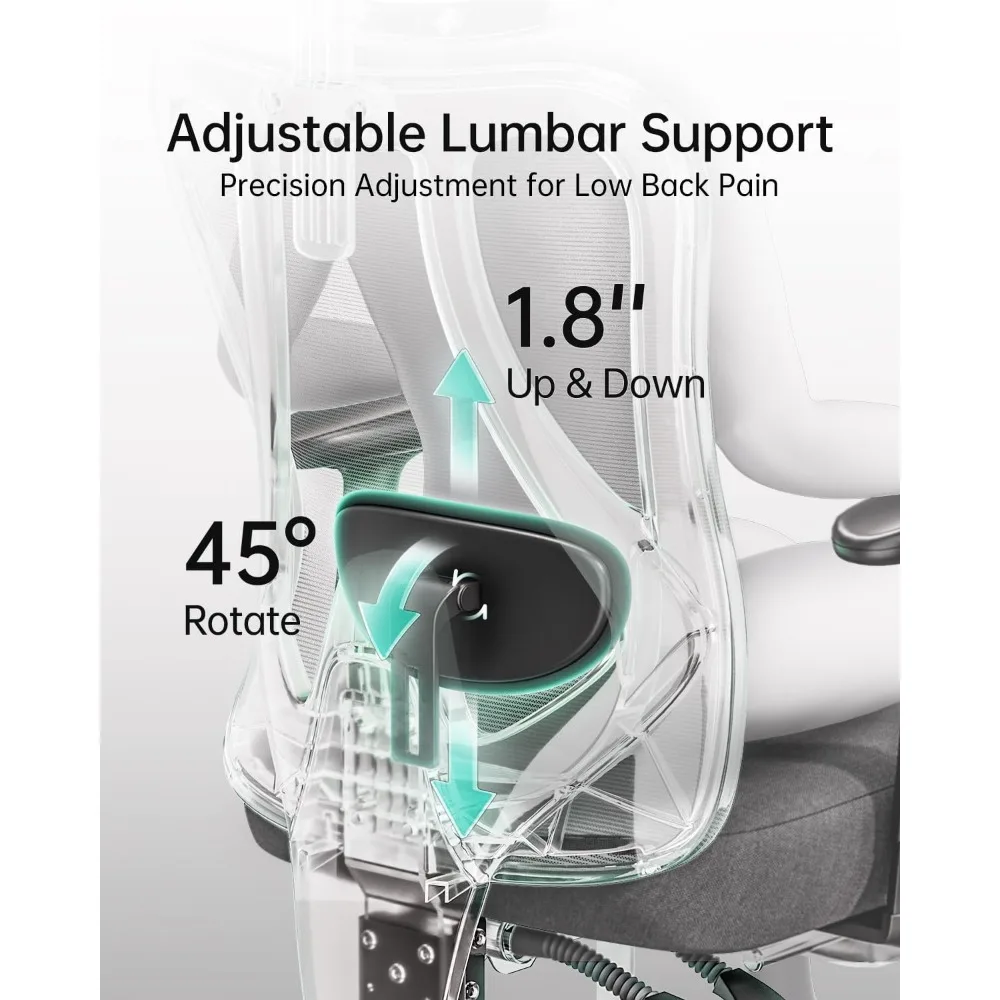 Ergonnomic Office Chair with 2D Adjustable Lumbar Support, Office Chair with Adjustable Headrest and Armrest, 145° Stepless Tilt