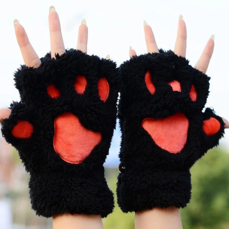 Soft Warm Plush Cat paw Gloves Fingerless Flip Half Finger Mittens Women Winter Cute Cat Paw Fluffy Velvet  Glove Girls Students