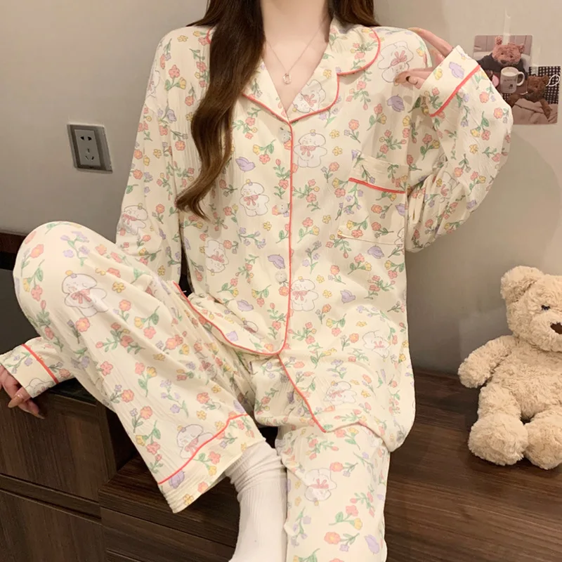 

Autumn Women V-Neck Pajamas Sets Fashion Print Cotton Female Pyjamas Two Pieces Shirts + Pants Nighties Big Yards 5XL Sleepwear