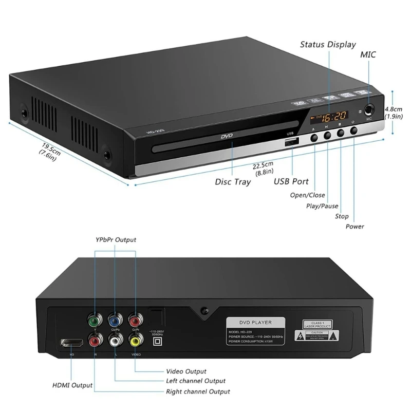 DVD Player for TV with HDMI-compatible AV-output, Home SVCD Player All Region Free CD-RW Player for Home Stereo System