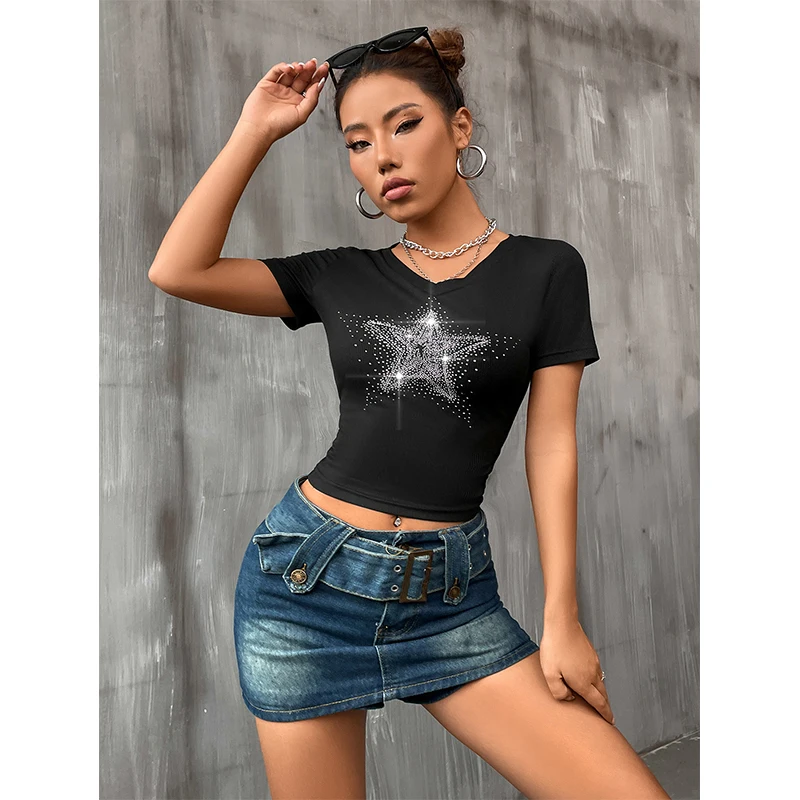 Bold Shade Y2k Star Rhinestone Women T-shirts Punk Short Sleeve Ribbed Fashion Crop Tops Black Streetwear Bodycon Summer T-shirt