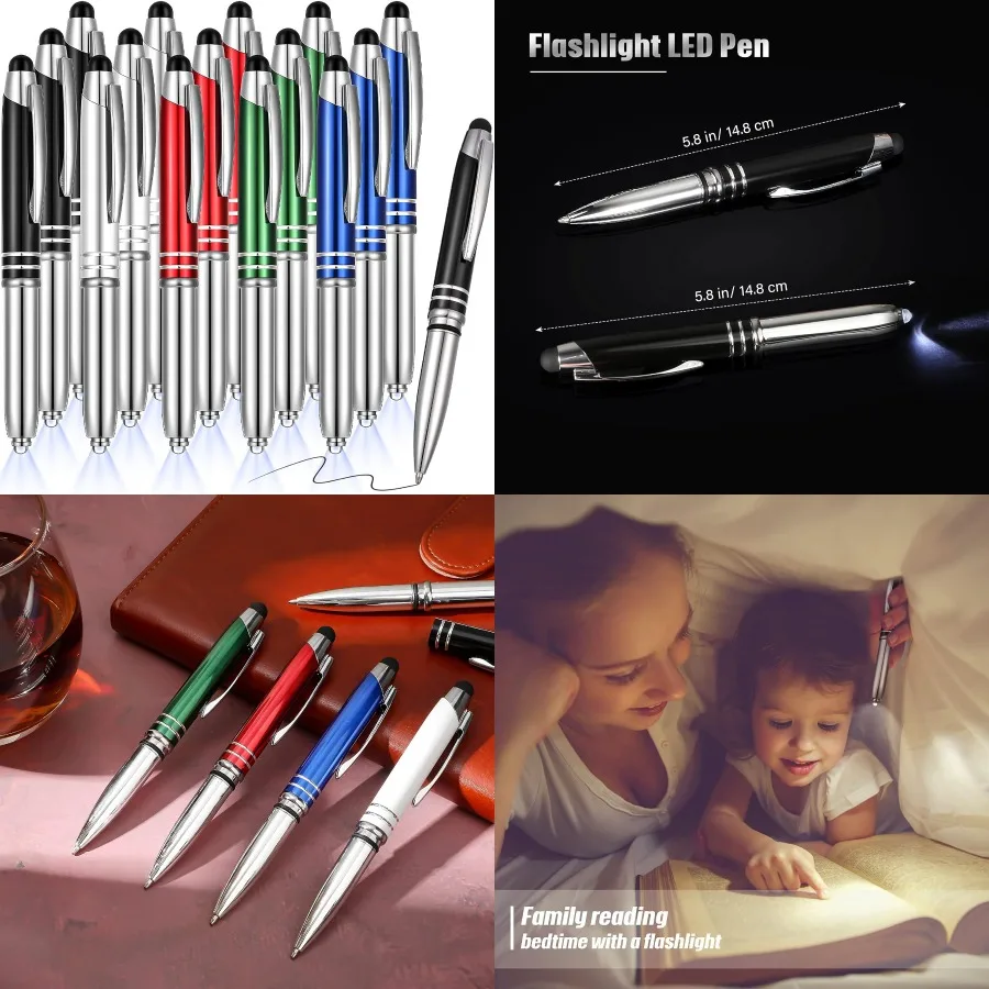 

Zonon, 15 шт., светодиодная шариковая ручка со стилусом, многофункциональная емкостная ручка со светодиодным фонариком, 1,0 мм, металлический шарик с черными чернилами