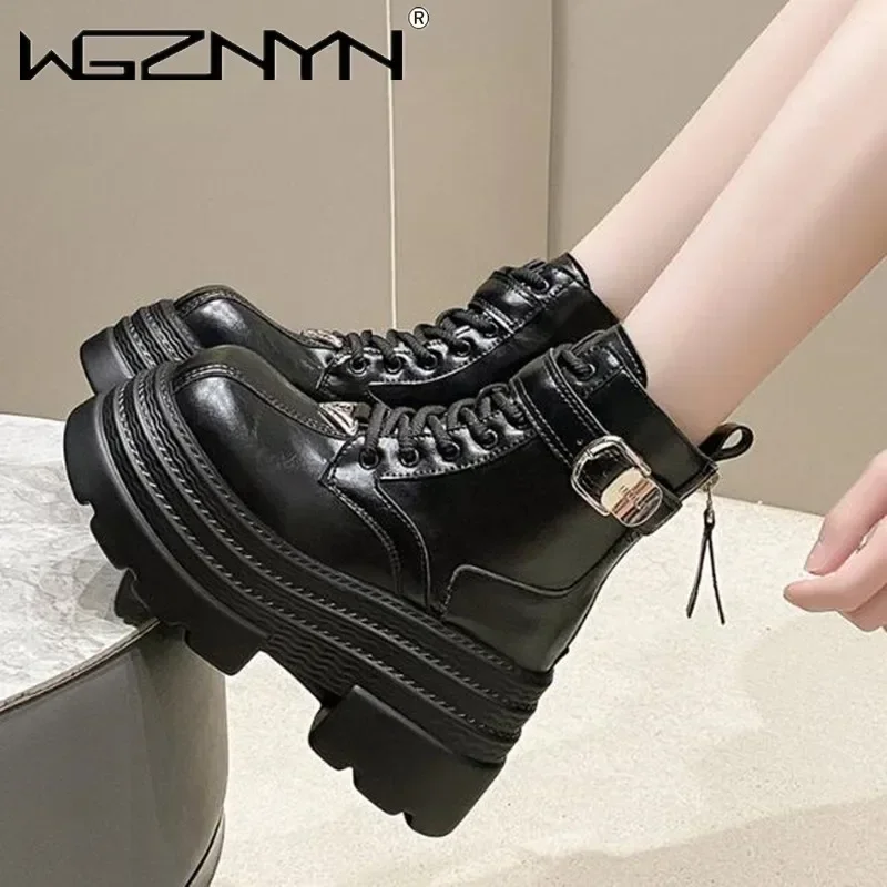 

Женские теплые ботильоны 9,5 см, зимние мотоциклетные ботинки, кожаная обувь на танкетке и высокой платформе, женская осенняя обувь на толстой подошве, Botas Mujer