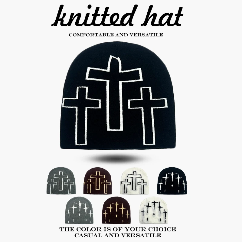 Warm Hip Hop Fashion European Style Beanies Simple Versatile Personal New Men Women Color Block Jacquard Cross Star Knitted Hats