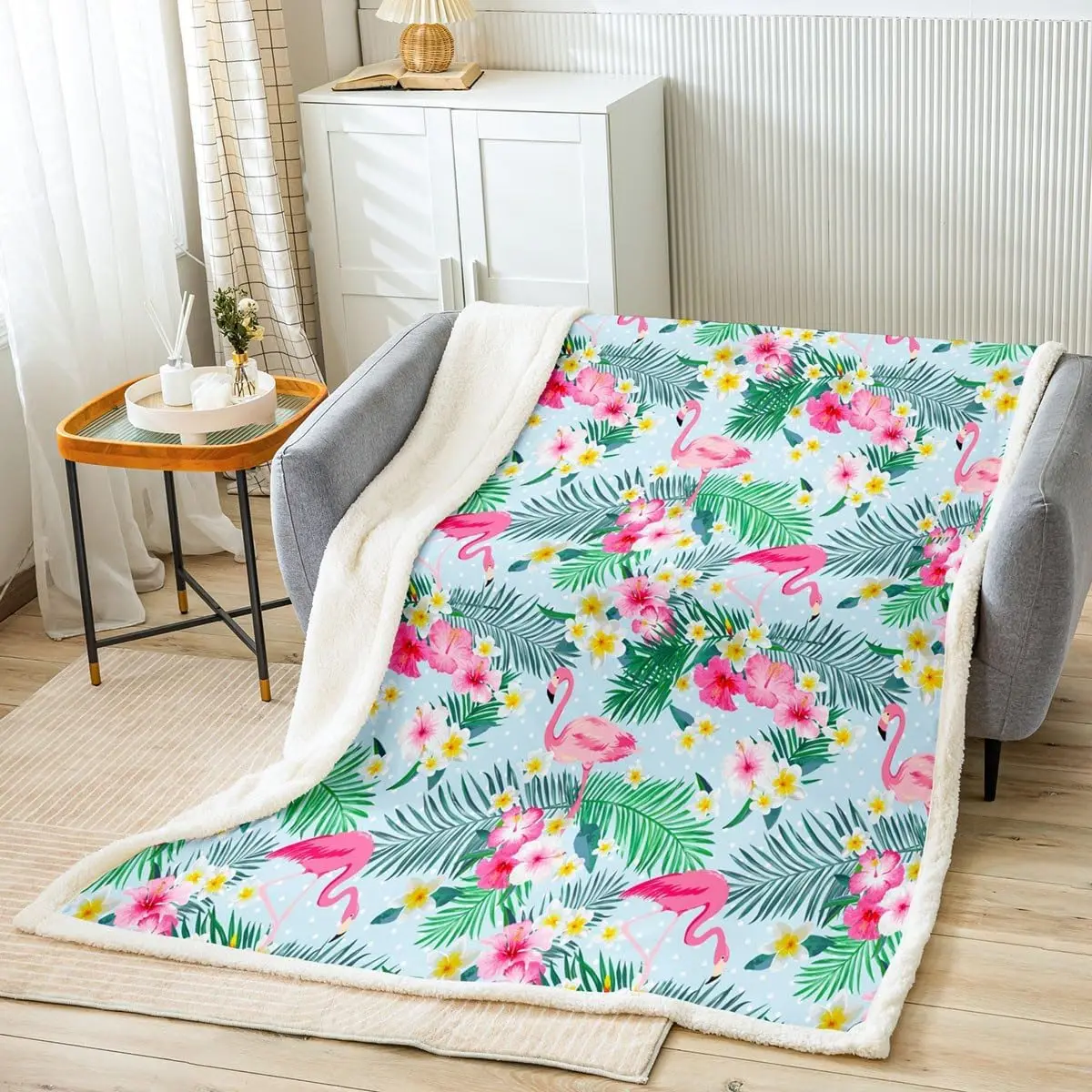 

Pink Flamingo Throw Blanket with Palm Leaves Flowers Rustic Tropical Design Soft Fleece for Kids Adults Blue Dreamy Fuzzy x Inc