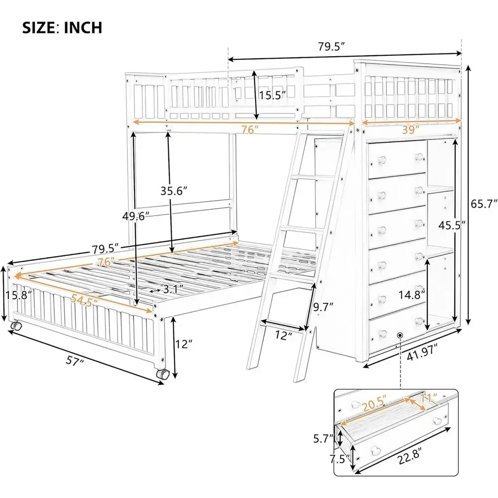 Twin Over Full Bunk Bed with 6 Drawers, 3 Shelves, Movable Lower Bed, No Box Spring Needed, Bottom Bed with Wheels