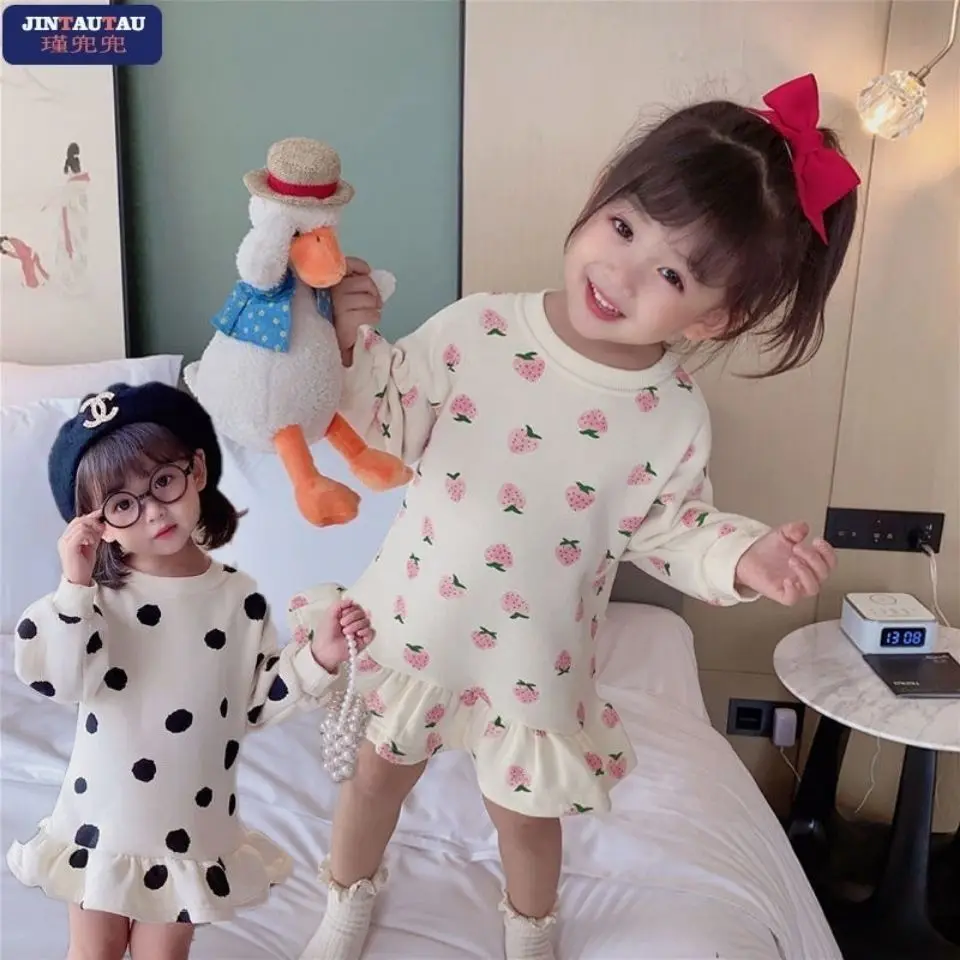 Girl Soft Tulle Sweatshirt Dress Spring-colored Polka Dots Breathable Round-neck Dress Children Comfortable Casual Baby Wear Kid