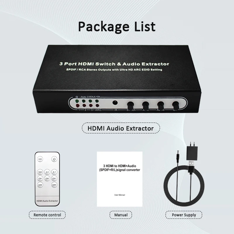 3 Convertitori di segnale da HDMI a HDMI e audio (SPDIF+R/L) 4K ARC 3-in-1-out con selezione di commutazione, uscita audio SPDIF L/R