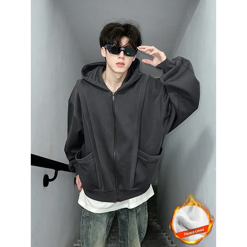

Мужской утепленный кардиган с капюшоном на флисовой подкладке для осени и зимы, молодежная американская повседневная верхняя одежда с длинными рукавами на молнии
