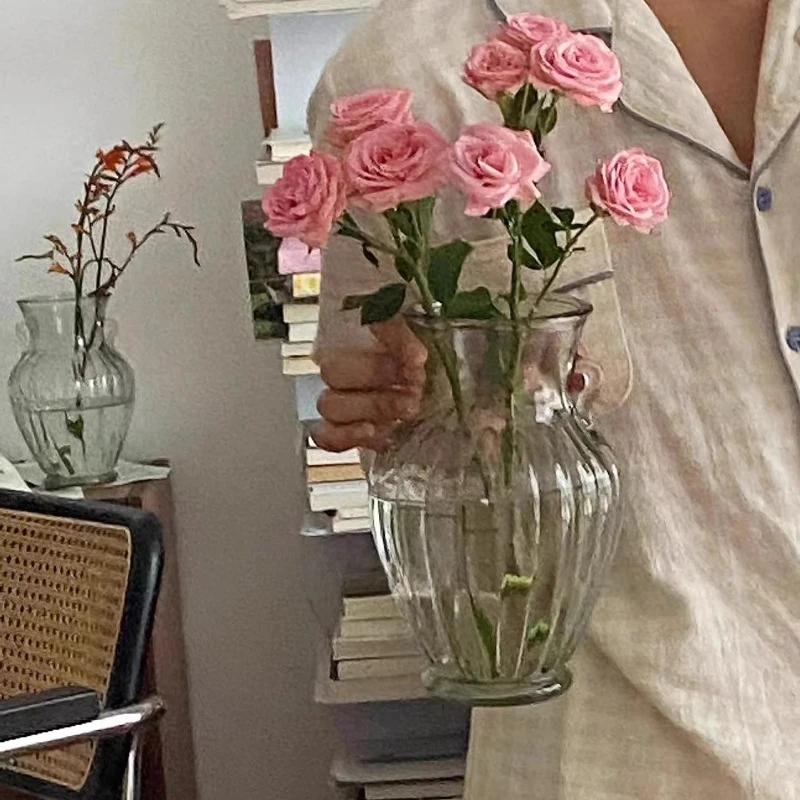 Simple Vases Korean Japanese Glass Vase Binaural Vintage French Retro Hydroponic Plant Livingroom Decoration Room Decor Jarrones