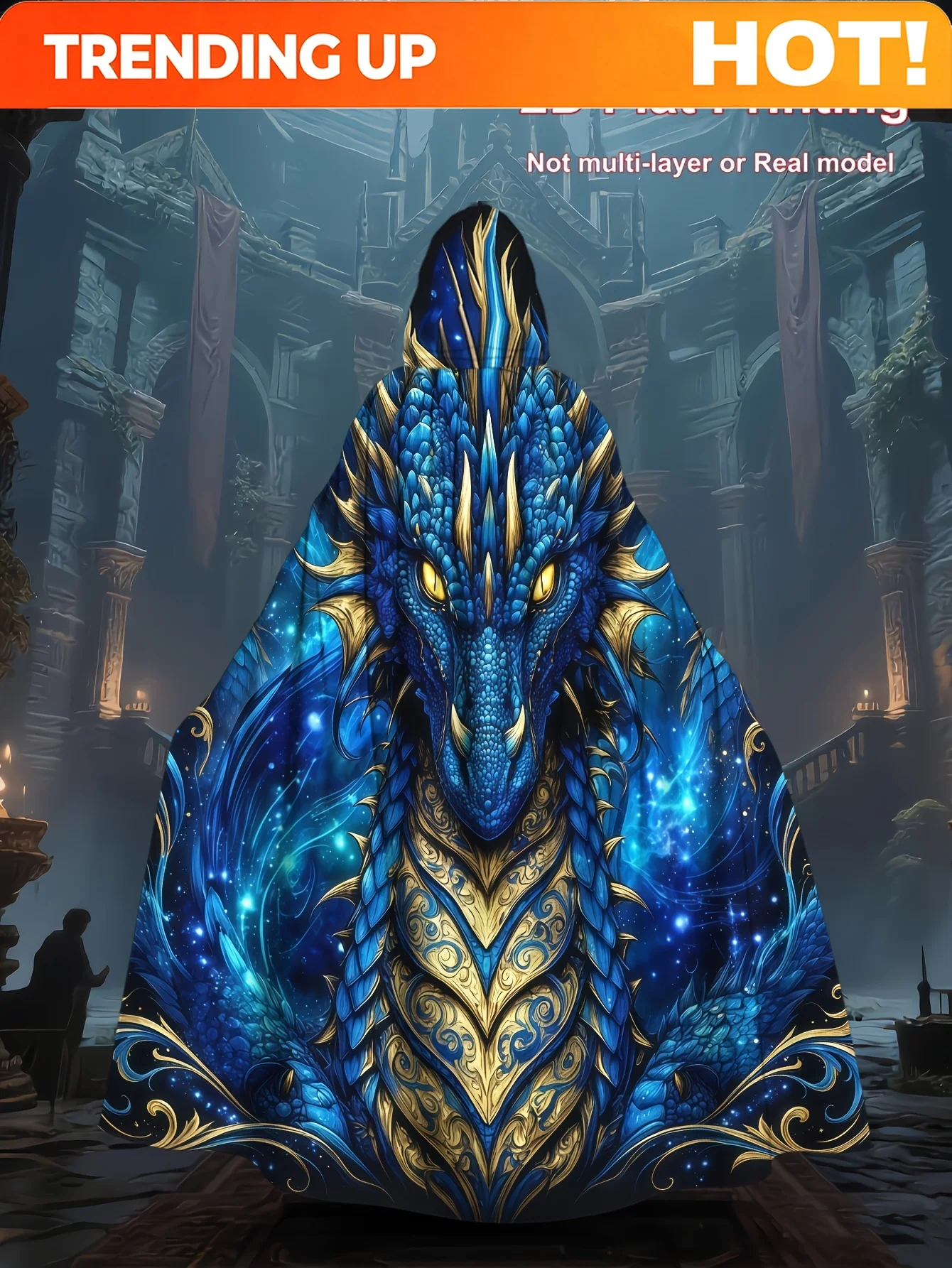 Customization 2D Flat Print, Blue Dragon With Golden Accents Hooded Cloak, Fantasy-Starry Style, Polyester Costume Robe For Men