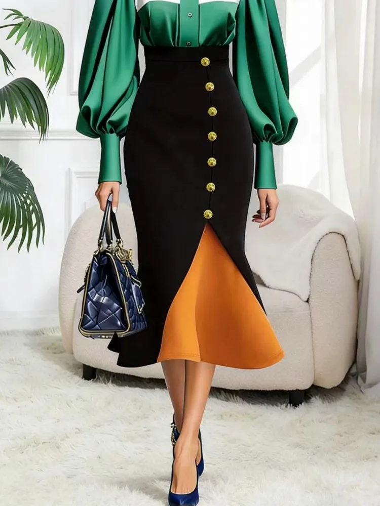 

Женская полуюбка, классическая офисная женская свободная юбка трапециевидной формы с высокой талией, модная и элегантная женская длинная юбка с принтом на пуговицах