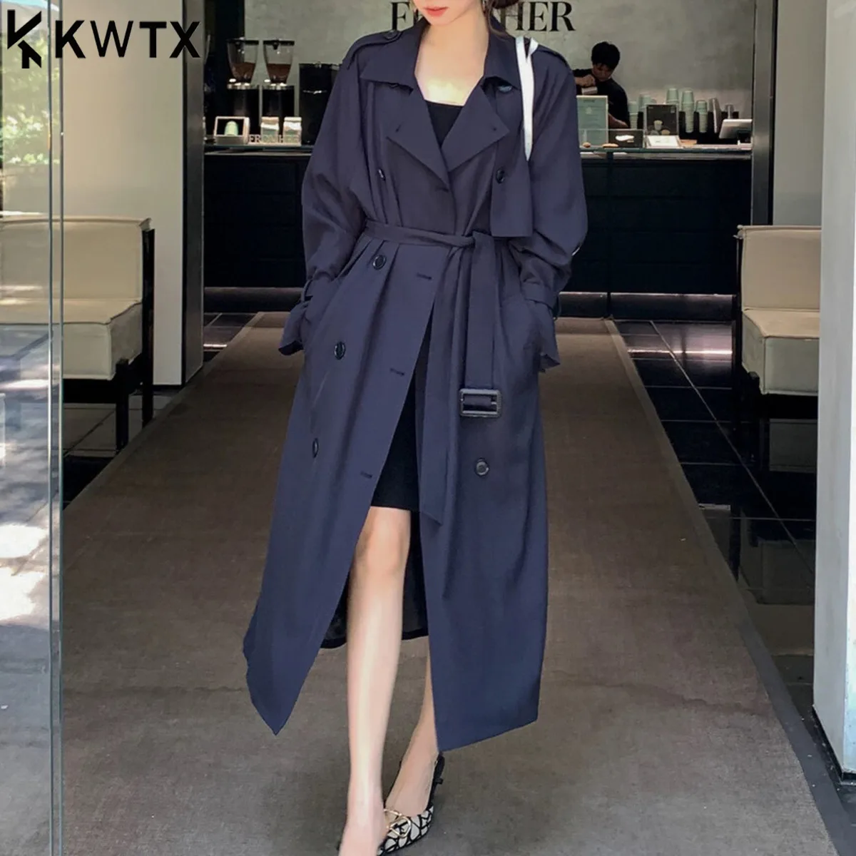 

KWTX 2025 New Women's Solid Long Trench Coat Double Breasted Belted Vintage Elegant Luxurious Premium Comfortable Autumn Winter