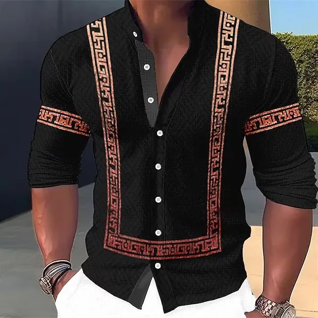 

Retro Gradient Slim Fit Single Breasted Top Stand Collar Long Sleeved Shirt Men's Beach Long Sleeved Summer Shirt MB1