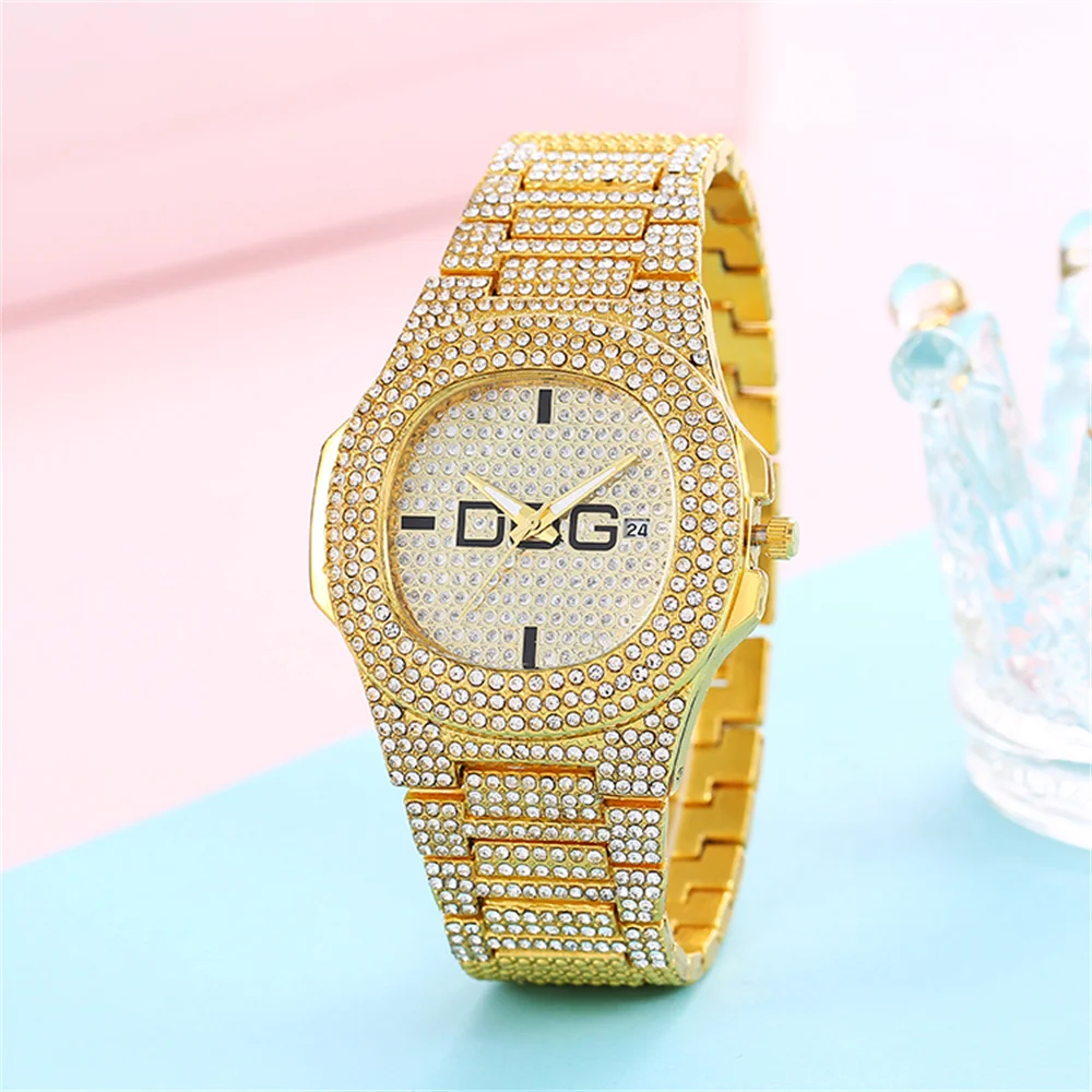 Luxury Gold Men\'s Watch Square Full Star Diamonds Large Dial Calendar Quartz Watches Stylish Stainless Steel Male Clock