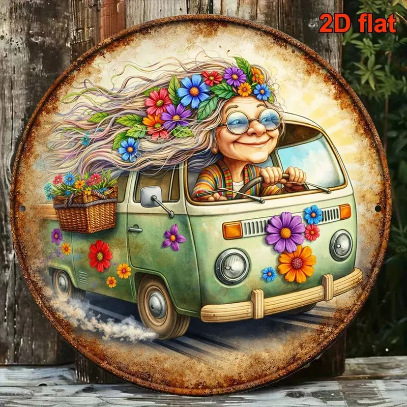 CIFBUY Retro Boho Hippie Granny Flower Bus Round Aluminum Wall Art Waterproof Durable Metal Sign for Living Room Bedroom Cafe Ba