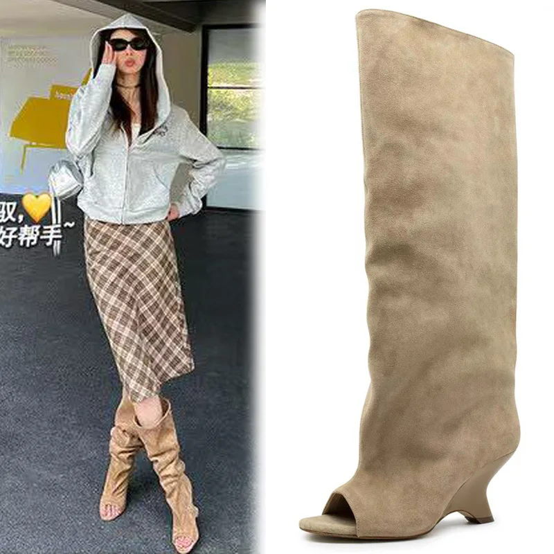 

Slope-Heeled Hollowed-Out Elegant Sandals Plus-Size Show Over-The-Knee Boots Suede Women's Shoes Sandalias Mujer Verano