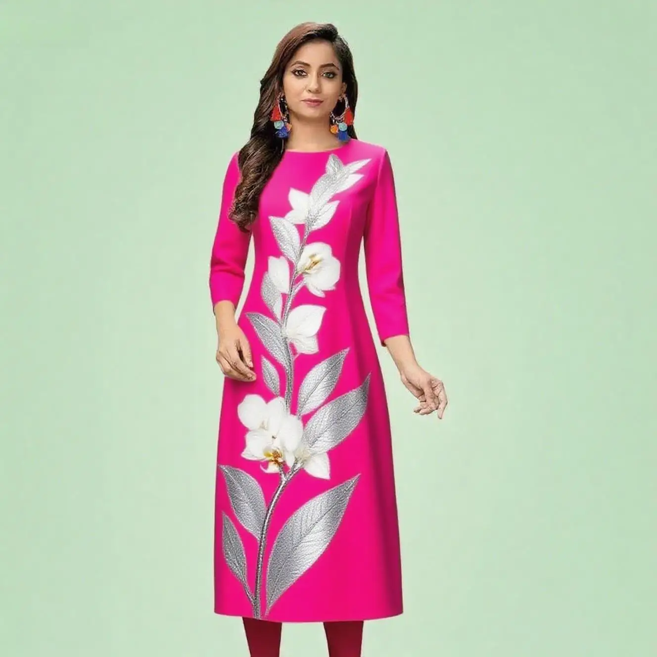 Kurt abito moda casual da donna a maniche lunghe tubo dritto casual etnico fiore bianco girocollo senso del design di dimensioni regolari