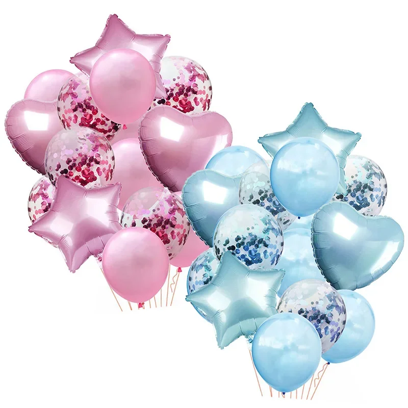 14pcs Balloon Bouquet Bundle Confetti Balloon Happy Birthday Party Blue Pink Helium Ballons Baby Shower Party Wedding Supplies