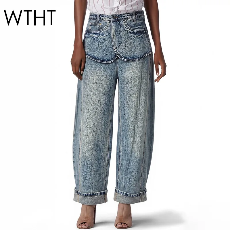 

Новые модные женские джинсы WTHT с лоскутными вставками и карманами, имитация двухслойности, свободный крой, весна 2026, с высокой талией, широкие штанины, джинсовые брюки для женщин 1LS3014