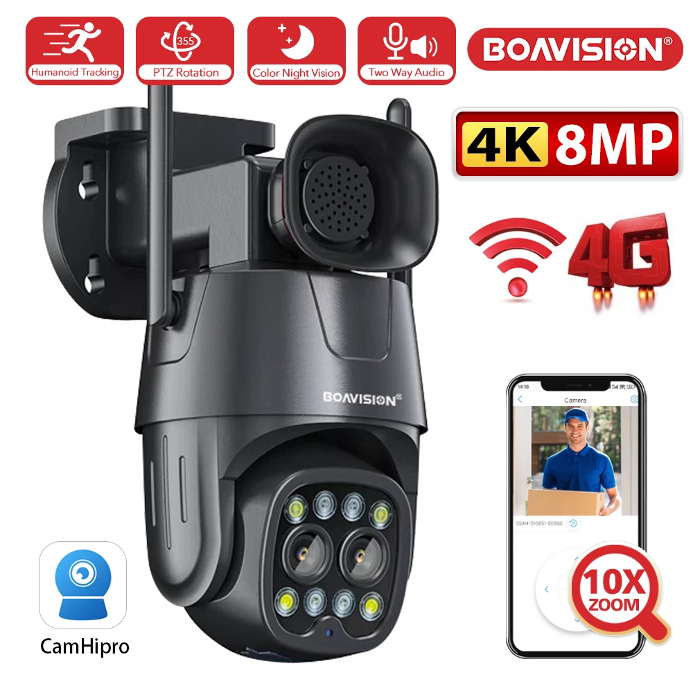 8MP 4MP Outdoor Camera Wifi/4G Sim Card 10X Zoom Dual Lens 2.8mm-8mm PTZ AI Human Auto Tracking 2-Way Audio Surveillance Camera