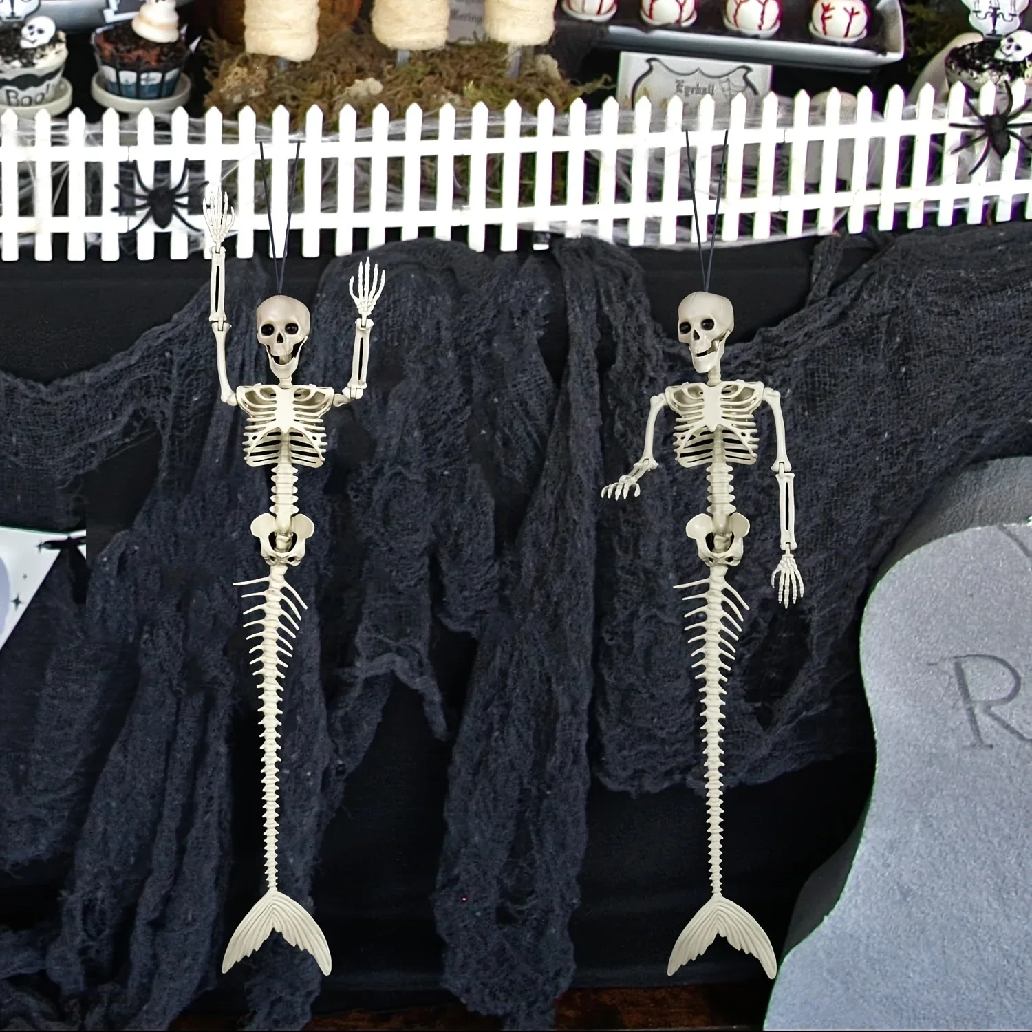 هيكل عظمي للهالوين بمفاصل متحركة ، حورية البحر المخيفة ، الديكور ، منزل مسكون ، لوازم الحفلات ، المقبرة