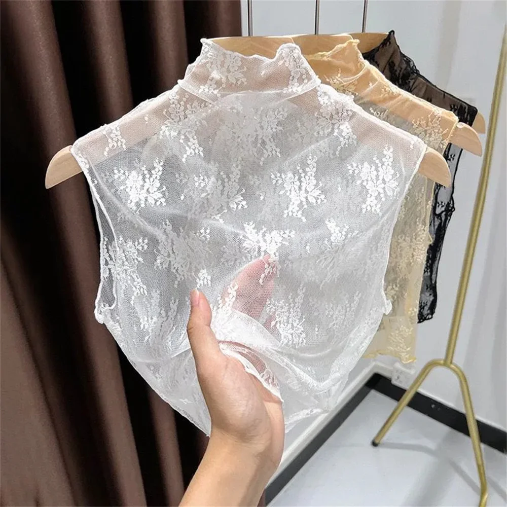 Summer Fashion Lace Floral Half Turtleneck Sleeveless Detachabley2k Fashion False Collar All-match Slim Lace Tanks Blouse Women