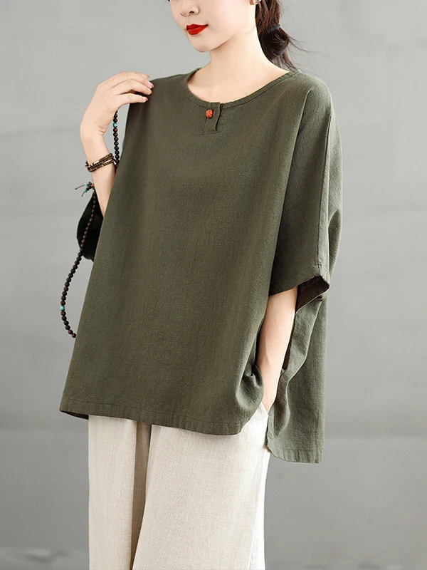 الرجعية الصينية Sle فضفاضة تناسب الكتان ort Sve تي شيرت المرأة الصيف رقيقة القطن الكتان جولة Ne رداء علوي غير رسمي