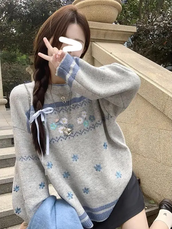 

Круглый свитер в стиле ретро, вязаный крючком, женский свободный свитер Lazy Sle, мягкая основа Nouriing, вязаный свитер, весна-осень, большие размеры