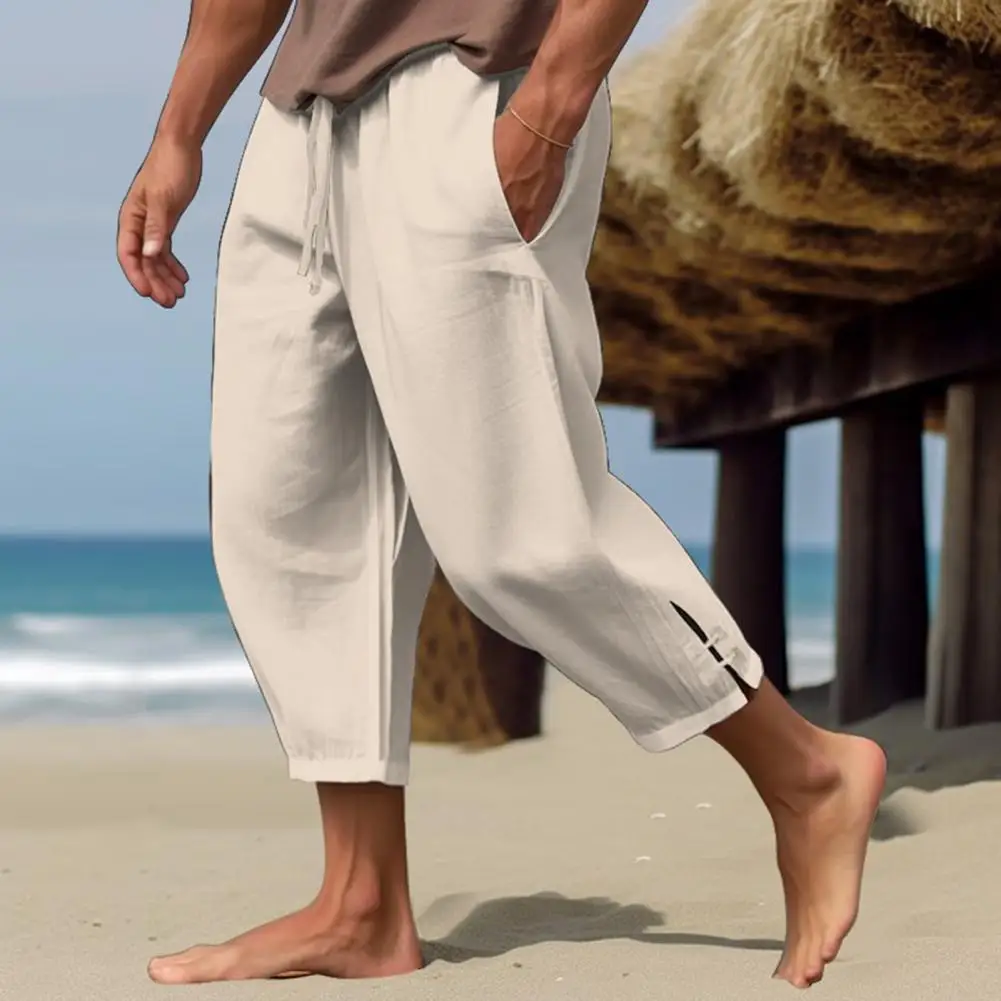 

Casual Resort Trousers Men's Drawstring Cropped Pants with Elastic Waist Deep Crotch Solid Color Loose Pockets Soft for Beach