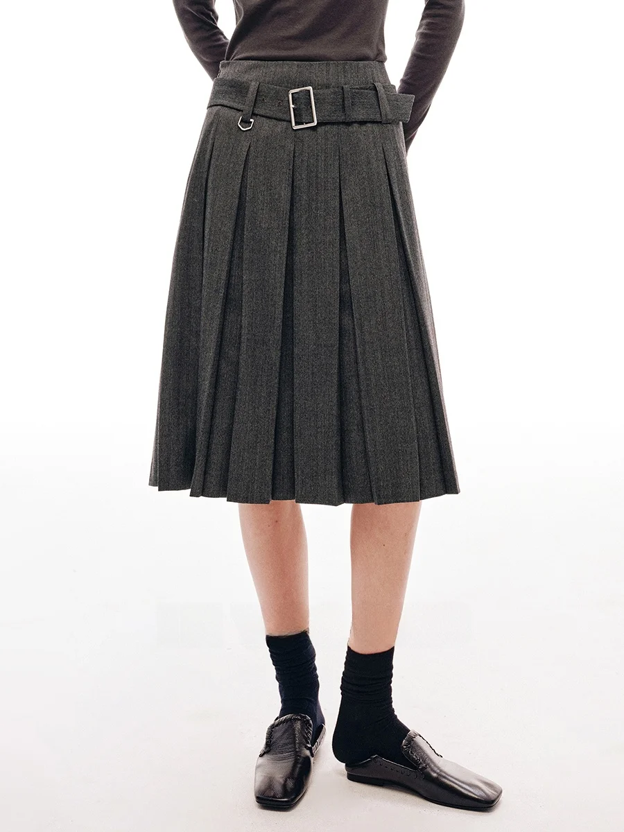 

YASAKO Long Midi Skirt Wool Blend Faionable Pleated High Waist A-Line Silhouette Daily Wear Polyester Rayon Nylon