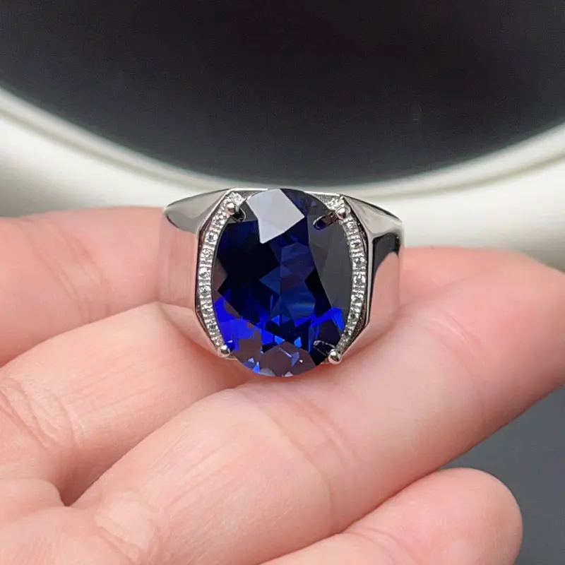 Royal Blue Man Made Sapphire Silver Ring 12mm*16mm Lab Created Red Crystal Ring 18K Gold Plated 925 Silver Gemstone Jewelry