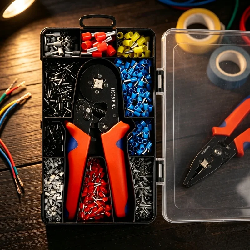 HSC86‑4A Wire Ferrule Crimping Tool Kit, 23‑7AWG Crimper with 1200Pcs Wire End Terminals, Electrician Repair Hand Tool