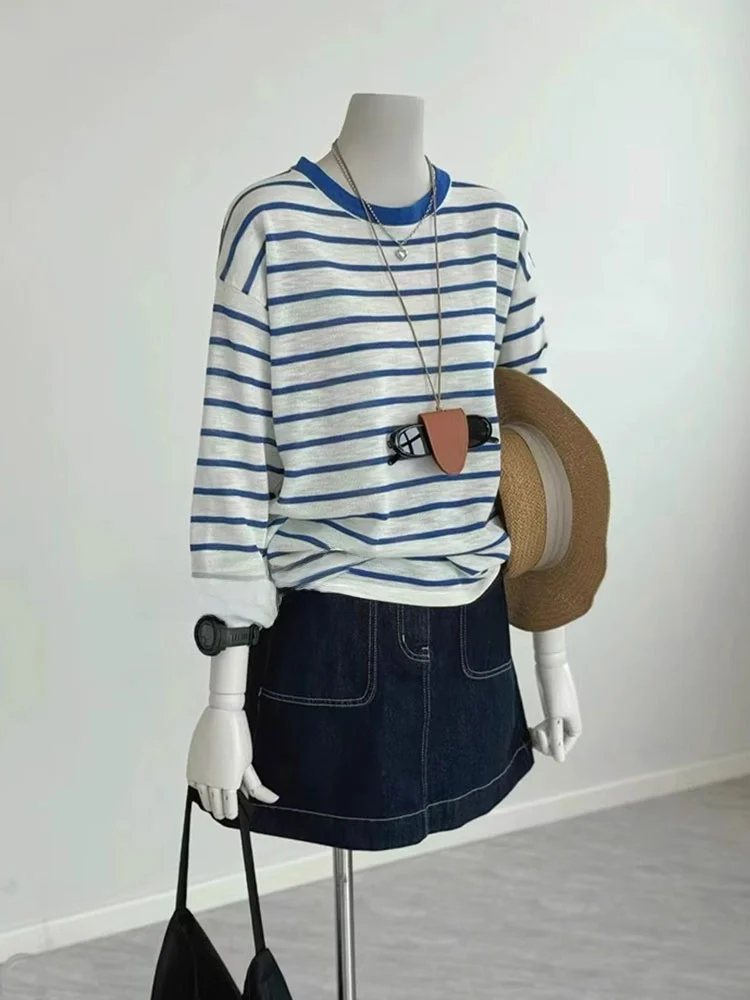 

Свободная круглая футболка Lazy Sle Ne Color Blo в синюю полоску, уникальный вязаный свитер для женщин, сезонный топ на весну и осень