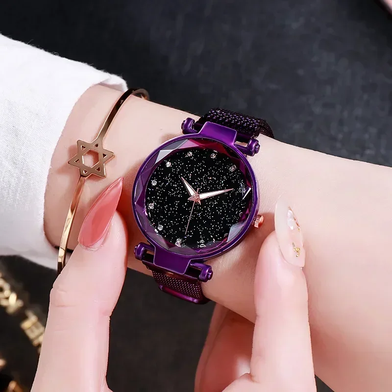 Reloj de cuarzo con cinturón de malla y hebilla magnética Para Mujer, relojes de cielo estrellado a la moda, Reloj de pulsera Para Mujer