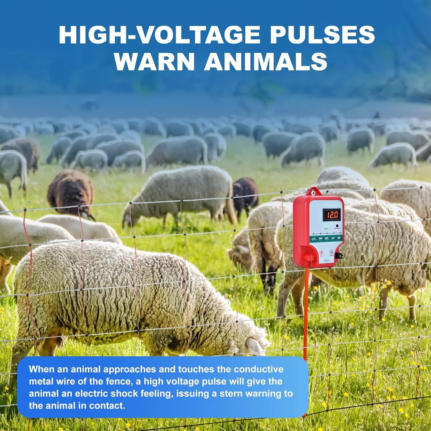 15KM Electric Fence Energizer With LCD Display 2 Joule Electronic Fence Charger for Farm Livestock Sheep Cattle Horse Poultry