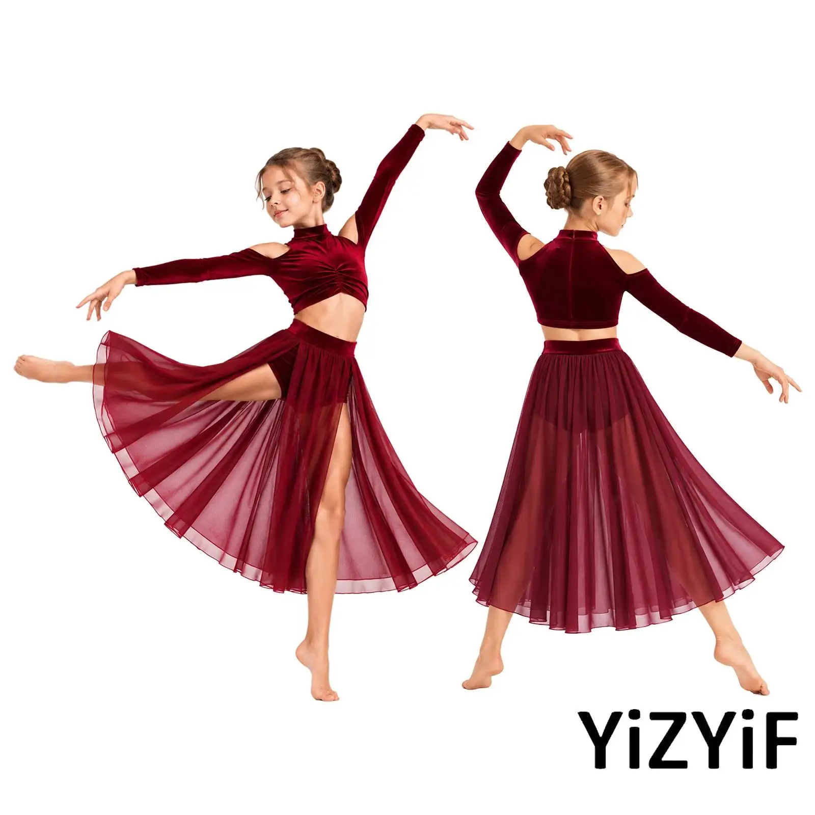 Kids Girls Lyrical Dance Performance Costume Cold Shoulder Long Sleeve Ruched Front Back Zipper Velvet Latin Crop Top with Skirt