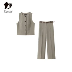 Koekop Women's Fashion 2 Pieces Single Breasted Fine Plaid No Vest Set and Vintage High Waist Pants Ladies Trousers Set