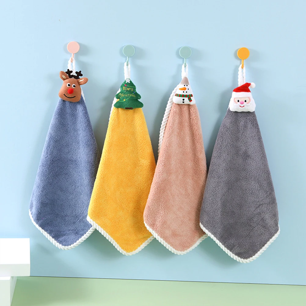 

4 Pcs Christmas H Towels Coral Fleece Absorbent Kitchen Bathroom Hanging Washcloths Cartoon Fast Dry Home Necessity