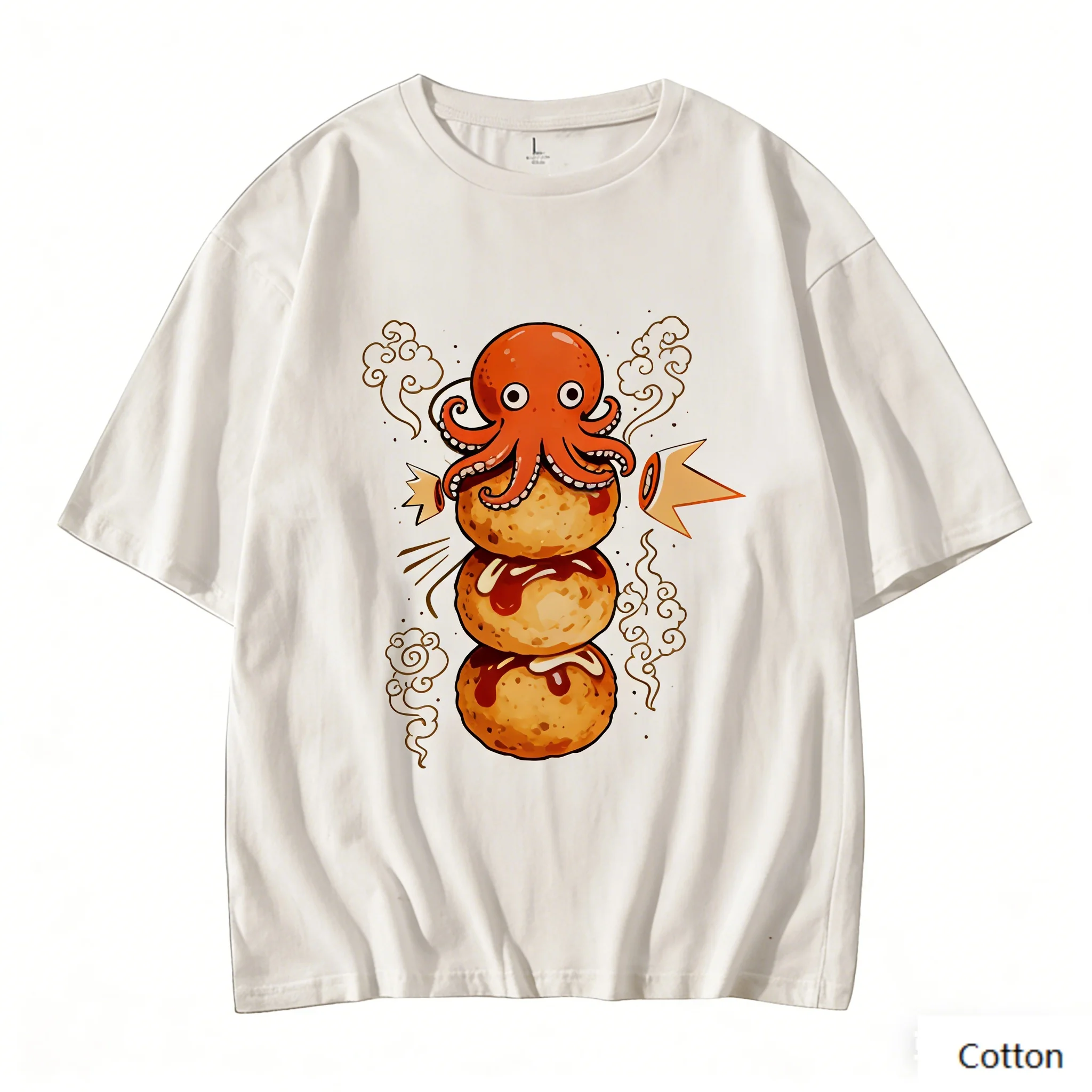 Camiseta con gráfico de pulpo lindo en bolas de takoyaki, camiseta de algodón puro con estampado de nubes japonesas, top unisex estilo streetwear kawaii
