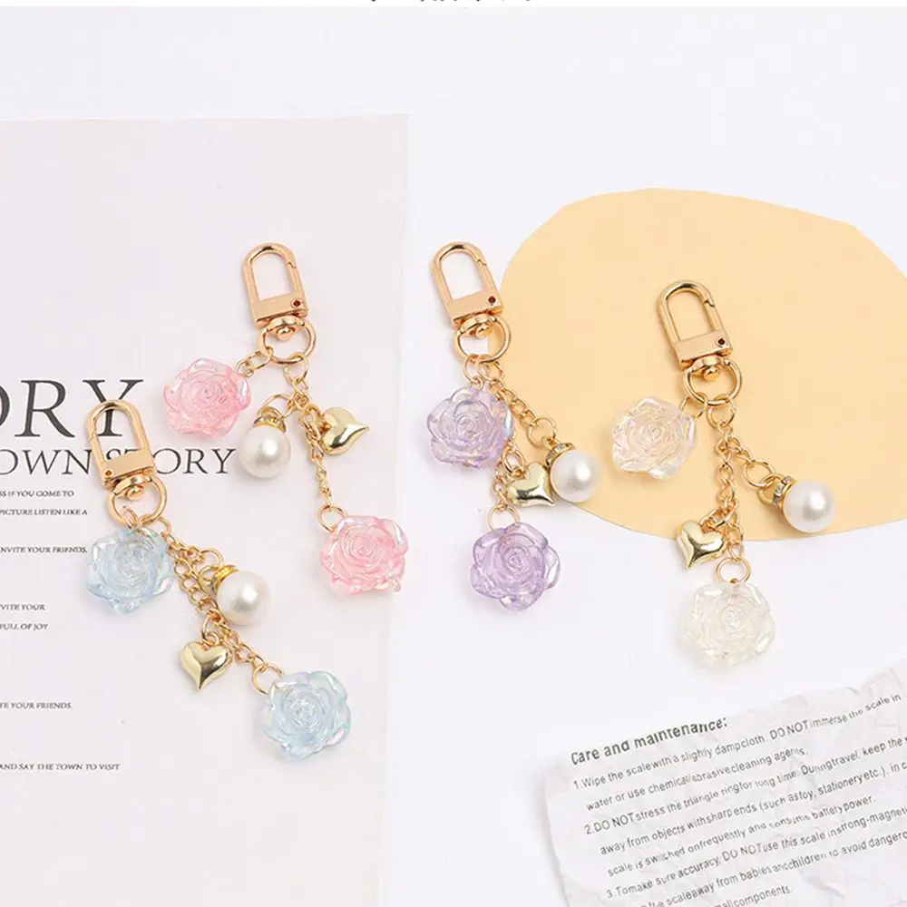 Vintage Rose Flower Pearl Charms Keychain Metal Heart Keyring Women Earphone Cover Pendant Bag Key Chains Decoration Accessories