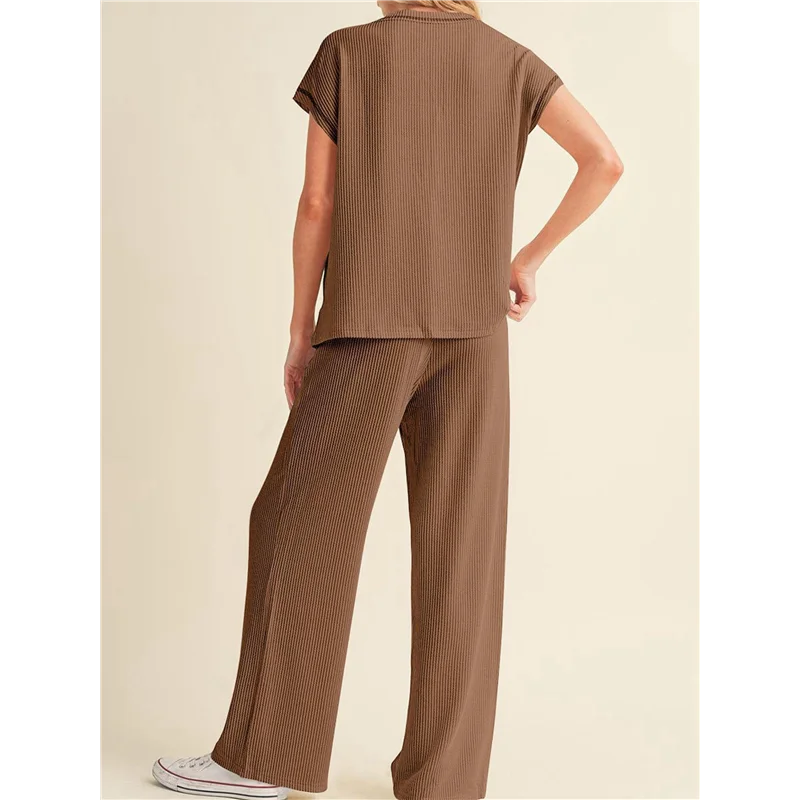 بلوزة CYL-Women's مكونة من قطعتين كاجوال مضلعة بأكمام قصيرة، سراويل واسعة الساق، ملابس منزلية، ملابس رياضية للسفر #3