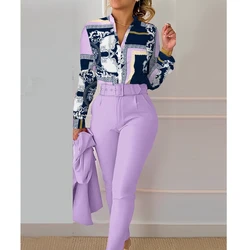 Long Sleeve Shirt 2 Piece Outfits Women Fashion Printed Shirt Tops Clothing Printed Pants Sets Bodycon Trousers