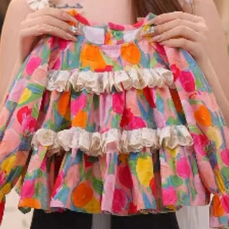 

Spring and Autumn Long Sleeved Top Tulip Sweet Autumn Coat Lace Doll Shirt Checkered Bubble Sleeves